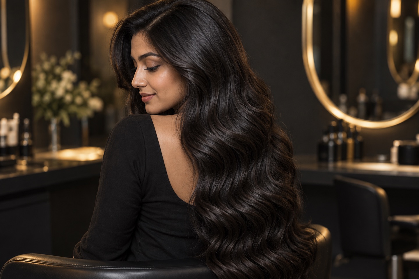 Illustrative salon portrait of long, glossy dark waves
